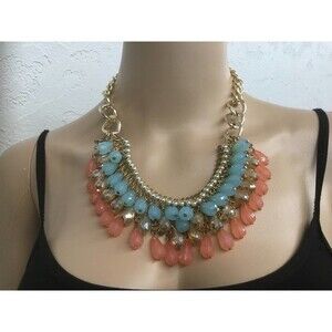 Blue and Pink Beaded Bib Necklace
